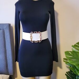 White Faux Leather Rhinestones Wide Buckle Belt